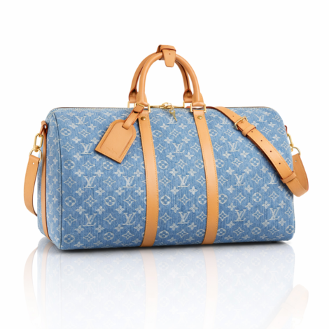 Louis Vuitton Keepall Bandoulière 50 in Blue Monogram Denim with Tan Leather Trim