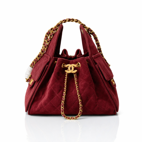 Chanel Quilted Suede Drawstring Bucket Bag in Burgundy