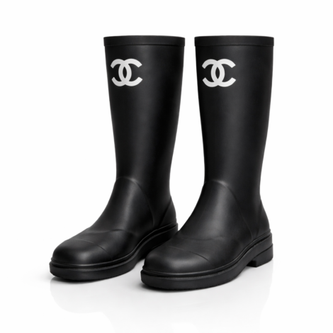 These Chanel rain boots are crafted from durable black rubber and feature the iconic white interlocking CC logo at the shaft for a bold yet minimalist look. Designed with a round toe, slip-on construction, and a sturdy rubber sole, this practical silhouette offers comfort, weather resistance, and unmistakable Chanel branding, making it an elevated essential for rainy days.  Follow this item for alerts. Chanel is a registered trademark of Chanel. We are not affiliated with Chanel.