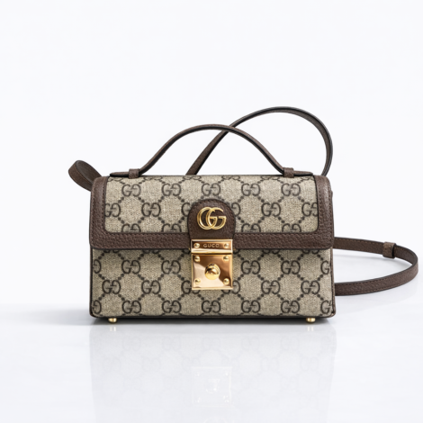 Gucci Ophidia Mini Top Handle Bag in Beige/Ebony GG Supreme Canvas with Brown Leather Trim and Light Gold-Tone Hardware 