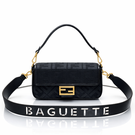 FENDI Baguette Bag in FF Embroidered Canvas with Vitello King Leather & Extra Strap