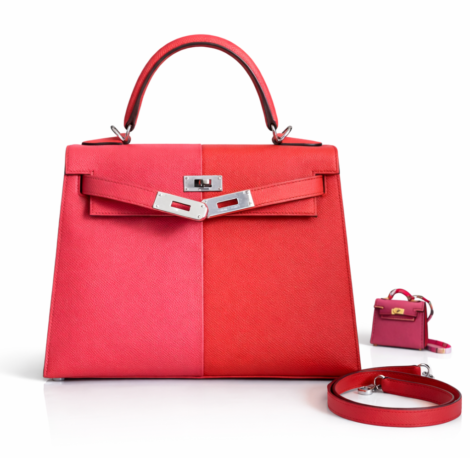 HERMÈS Kelly 28 Sellier Handbag in Rose Extrême / Rouge de Cœur Epsom Leather with Blue Zanzibar Accents and Palladium Hardware